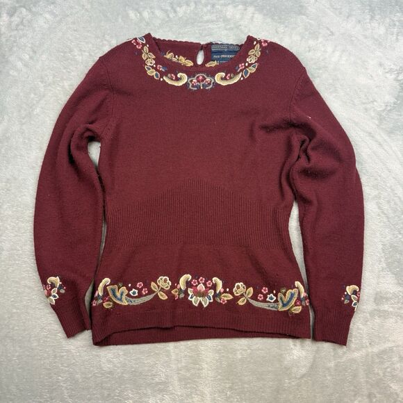 herman geist Sweaters - Herman Geist Womens Medium Lambswool Sweater Burgundy Hand Embroidered